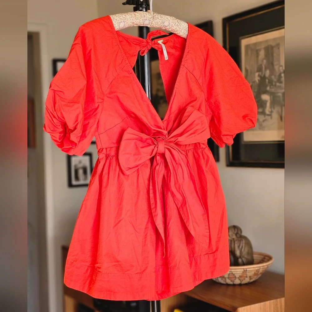 Free People Red Bow Puff Sleeve Open Back Top
